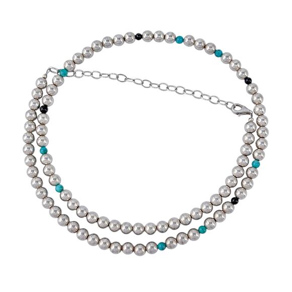 Estate Sterling Silver 925 Turquoise Onyx Beaded Necklace 18"-21" - Picture 5 of 6